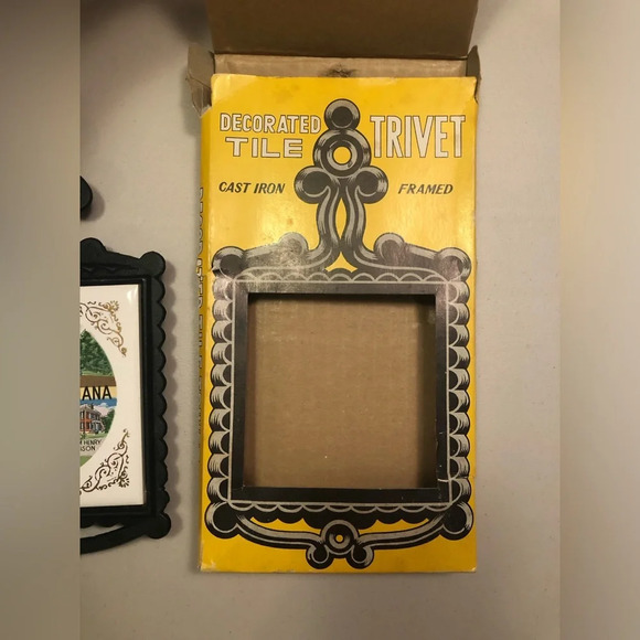 Decorated Tile Trivet Cast Iron Frames Vincennes Indiana Made in Japan - Picture 2 of 7